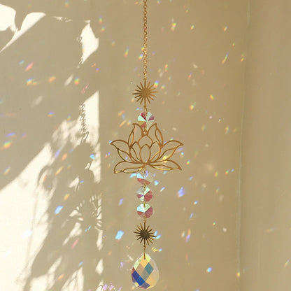 Golden Lotus AB Crystal Suncatcher Pendant – Colorful Water Drop Decoration for Gardening Crafts and Home
