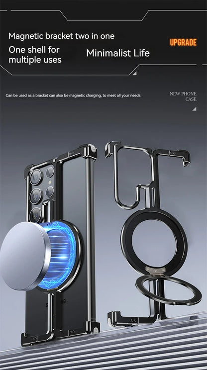 Magnetic Metal Phone Case for Samsung Galaxy S24/S23 Ultra – Aluminum Alloy Frameless Bumper with Finger Ring