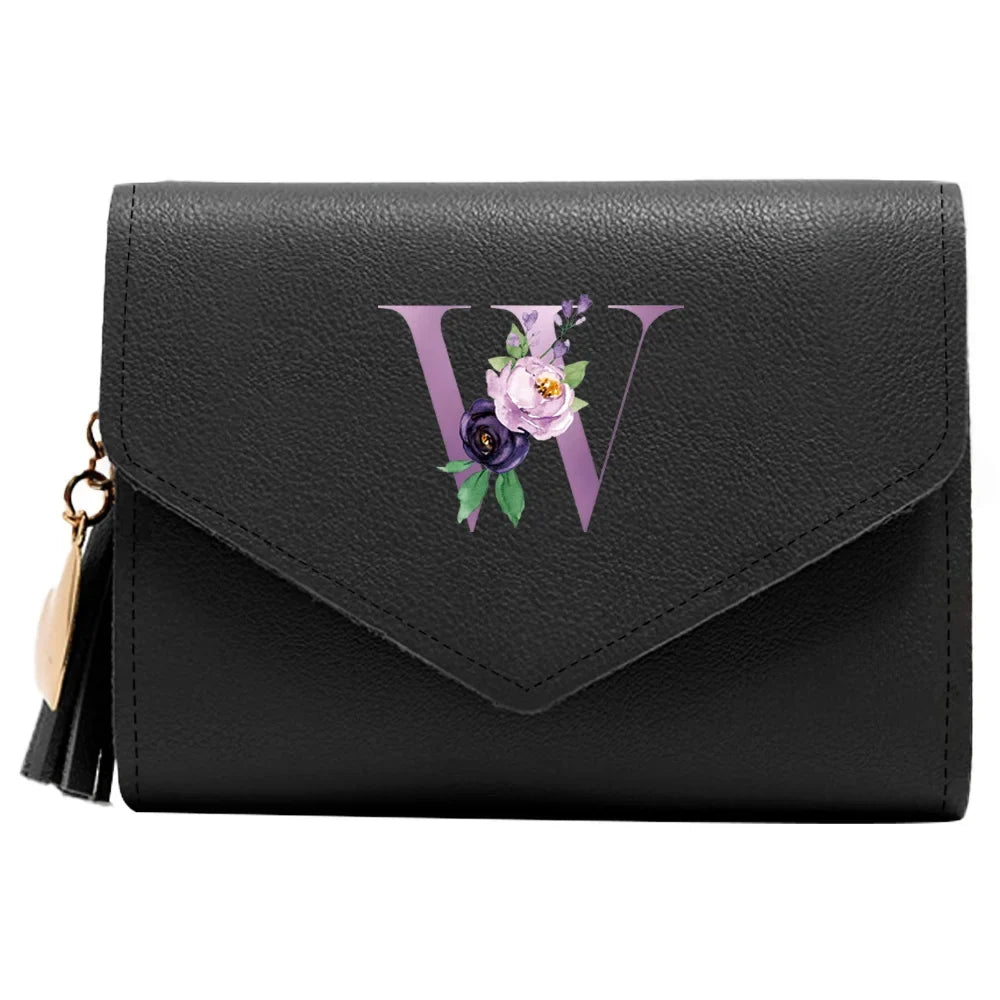 Women's RFID Leather Wallet - Compact Luxury Mini Purse With ID Window, Purple Letter Pattern & Card Holder Design