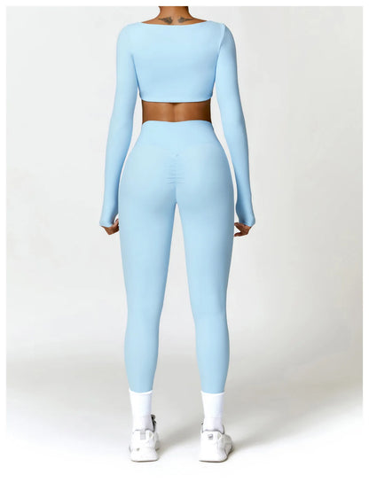 Hearuisavy 2PCS Long Sleeve Gym Set for Women, Quick-Drying Yoga Clothes, Sportswear, Running Leggings, Workout Sports Crop Top
