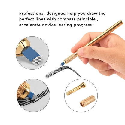 Golden Tebori 3D Tattoo Pen with 5pcs 12-Pin Microblading Needles — Professional Permanent Makeup Eyebrow Tattoo Set