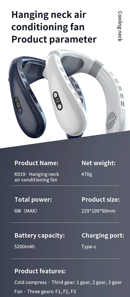 Portable Neck Fan 5200mAh – Rechargeable Wearable Semiconductor Cooling Fan, Personal Outdoor Neck Air Conditioner