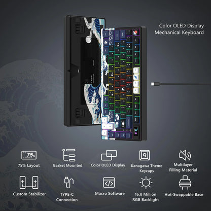 Wired Mechanical Gaming Keyboard with OLED Display – Hot-Swappable Pudding Keycaps, Full RGB Backlit for PC & Laptop