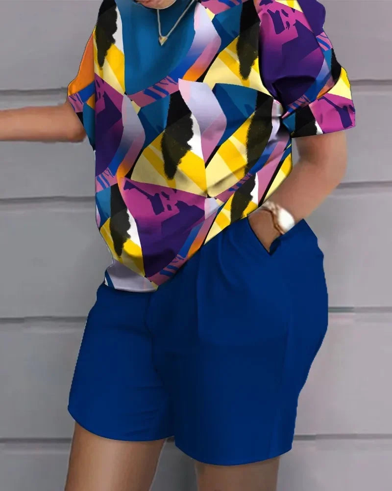 Women’s Printed 2-Piece Shorts Set – Short Sleeve T-Shirt & Elastic Waist Pants Matching Summer Y2K Outfit with Pockets (2025)