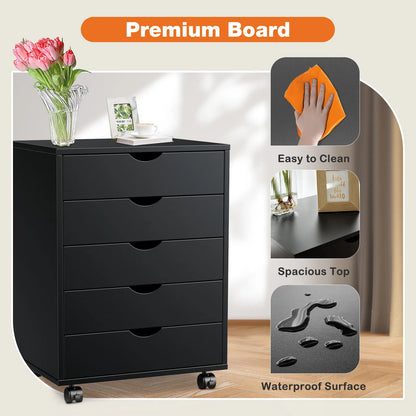 Wood Nightstand Cabinet with 5 Drawers – Waterproof Surface Storage Organizer with Rotating Wheels, Easy-Move Bedside Table for Office