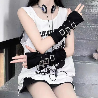 Punk Style Rivet Gloves – Cool Metal Buckle Fingerless Sleeves for Women, Sun Protection Gothic Fashion Arm Gloves & Streetwear Accessories