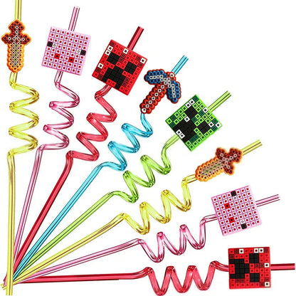 5PCS Pixel Spiral Reusable Drinking Straws – Fun Plastic Juice Straws for Kids Birthday Party Favors & Decorations