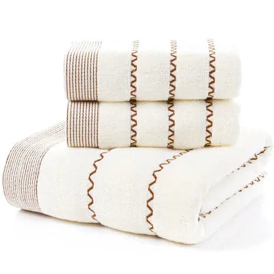 3-Piece Cotton Towel Set – 2 Hand Face Towels 35x75cm + 1 Bath Towel 70x140cm Soft Washcloth Gift Set
