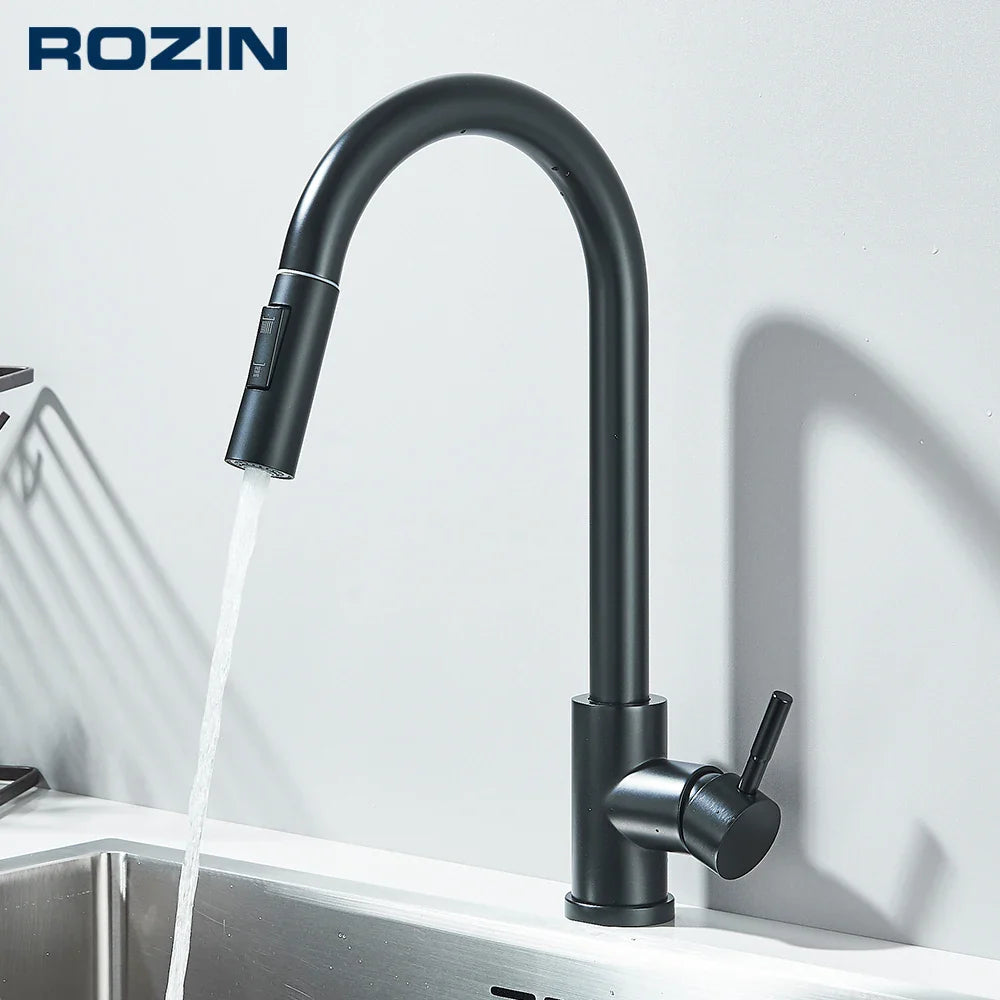 Black Pull-Out Kitchen Faucet - Deck Mounted, Flexible Hot & Cold Water Sink Mixer Tap with Stream & Shower Modes Nozzle