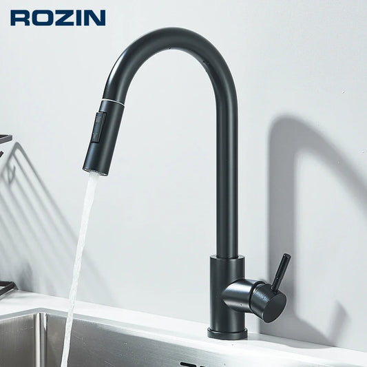 Black Pull-Out Kitchen Faucet - Deck Mounted, Flexible Hot & Cold Water Sink Mixer Tap with Stream & Shower Modes Nozzle