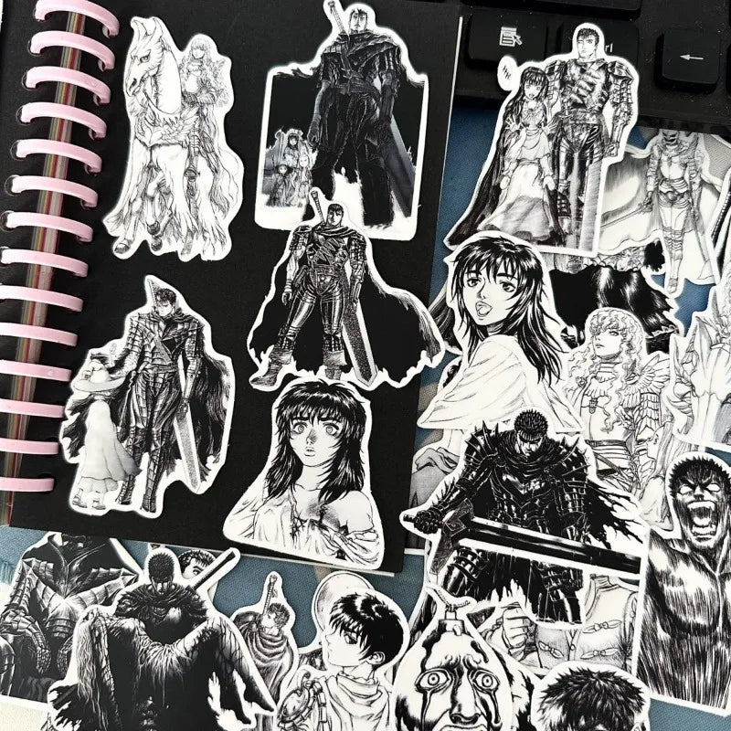 53pcs Berserk Guts Anime Stickers – Black & White Waterproof Laptop, Diary & Luggage Decals