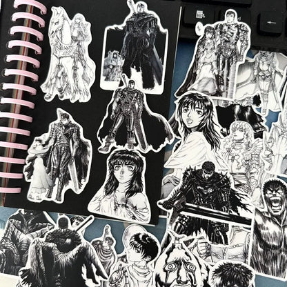53pcs Berserk Guts Anime Stickers – Black & White Waterproof Laptop, Diary & Luggage Decals