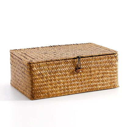 Hand-Woven Seaweed Storage Basket with Lid - Multi-Purpose Sundries Organizer, Cosmetic, Toy, and Clothes Container
