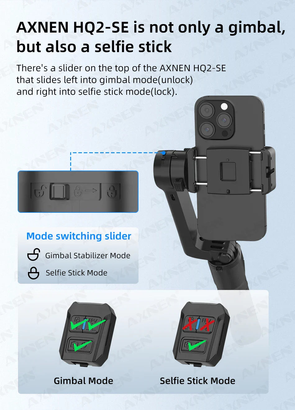 AXNEN HQ2 Series Handheld Mobile Phone Stabilizer – Smartphone Gimbal & GoPro Extension Rod Selfie Stick Tripod