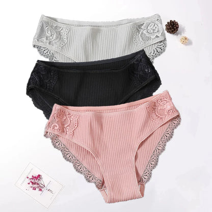 Floral Lace Cotton Women’s Panties - Comfortable Briefs, Solid Color Underwear, 3PCS/Set, Sizes M-XXL