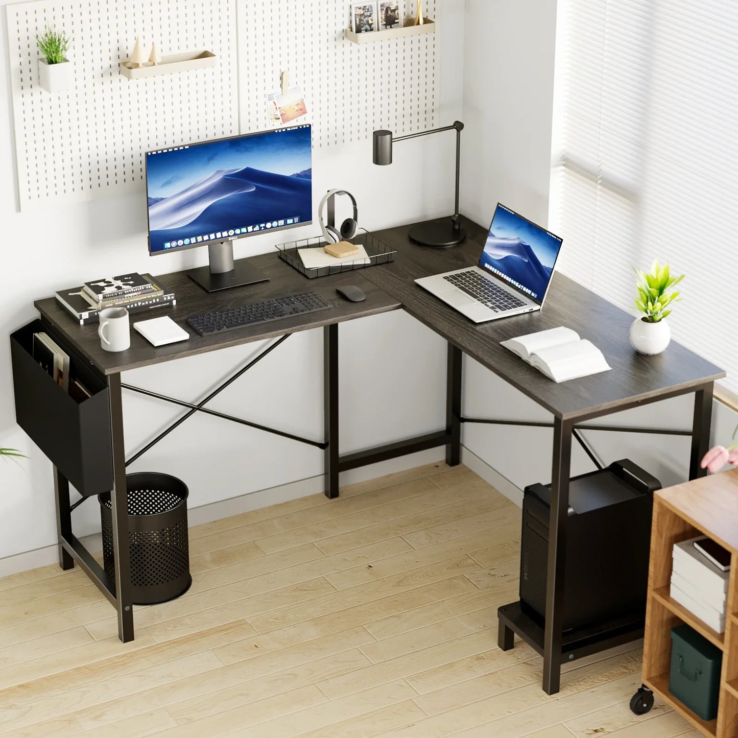 50-Inch Gaming Corner Desk – Wooden Office Writing Table with CPU Storage Shelf & Side Bag for Small Spaces