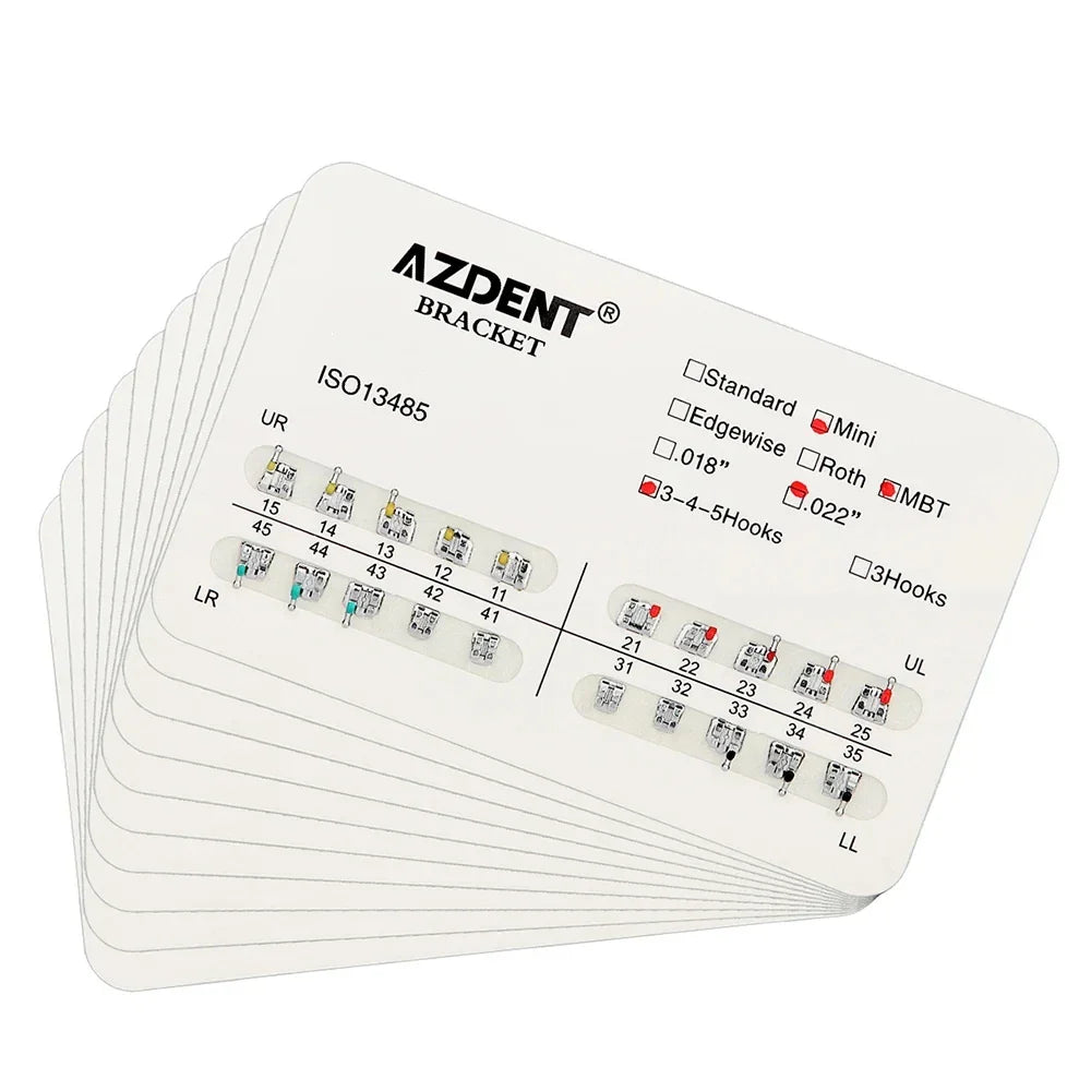 AZDENT 10 Packs Dental Brackets – Orthodontic Metal Mini Standard Roth MBT Slot 0.022/0.018 with Hooks, 20 Pcs per Pack