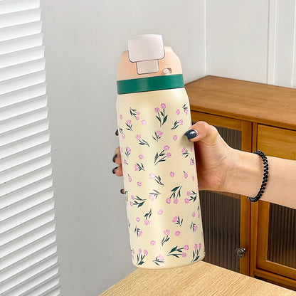 34oz Stainless Steel Water Bottle — Floral Two-Tone Insulated Bottle with Leakproof Sport Lid & Handle, 24H Hot & Cold