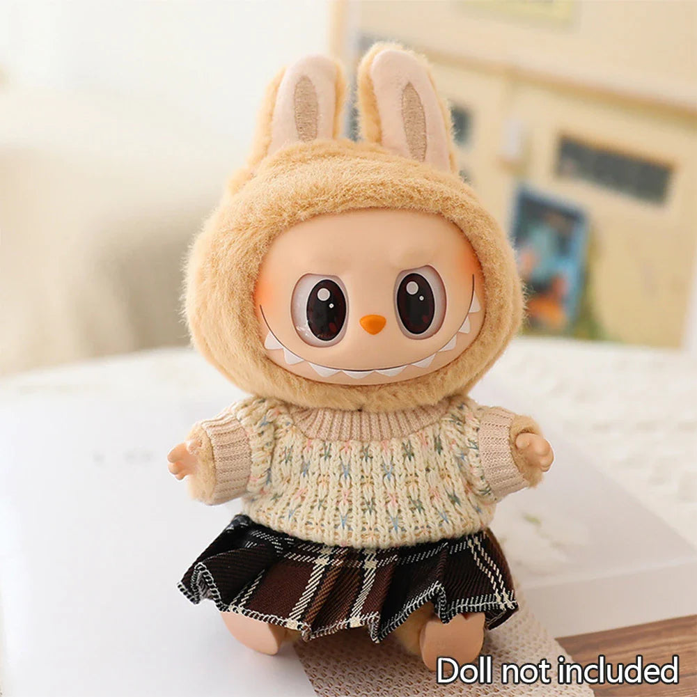 Mini Doll Clothes & Accessories — 15–17cm Labubu & 10cm Cotton Doll Outfit, Pink Hoodie & Yarn Skirt (No Doll)