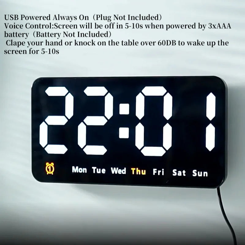 Voice Control Large Digital Wall Clock – LED Display with Temperature, Date, Week, DST, Snooze, Dual Alarm, 12/24H, Wall-Mounted or Table Use