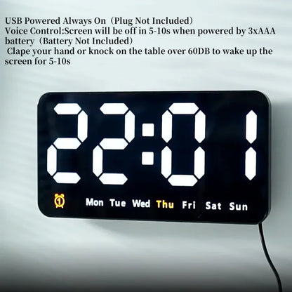 Voice Control Large Digital Wall Clock – LED Display with Temperature, Date, Week, DST, Snooze, Dual Alarm, 12/24H, Wall-Mounted or Table Use