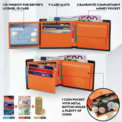 Men’s Slim RFID Blocking Genuine Leather Wallet — Coin Pocket, 2 Banknote Compartments & 10 Credit Card Slots