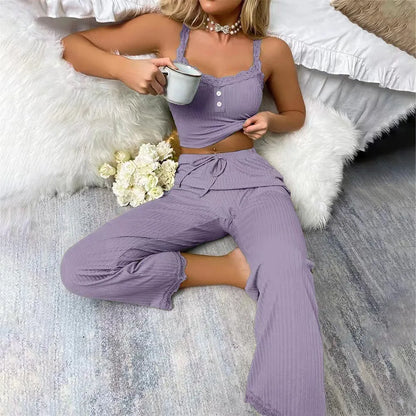 Women's Two-Piece Pajamas Set – Sexy Slim Fit Solid Color Lace-Trimmed Suspender Top and Soft Comfortable Pants