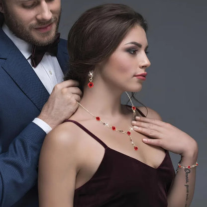 3-Piece Red Rose Jewelry Set - Flower Necklace, Bracelet & Dangle Earrings for Weddings, Valentine's Day & Birthdays