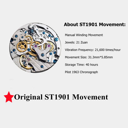 RED STAR 38mm Men's 1963 Chronograph Mechanical Watch – Pilot Air Force Aviation with Seagull ST1901 Movement & Sapphire Glass
