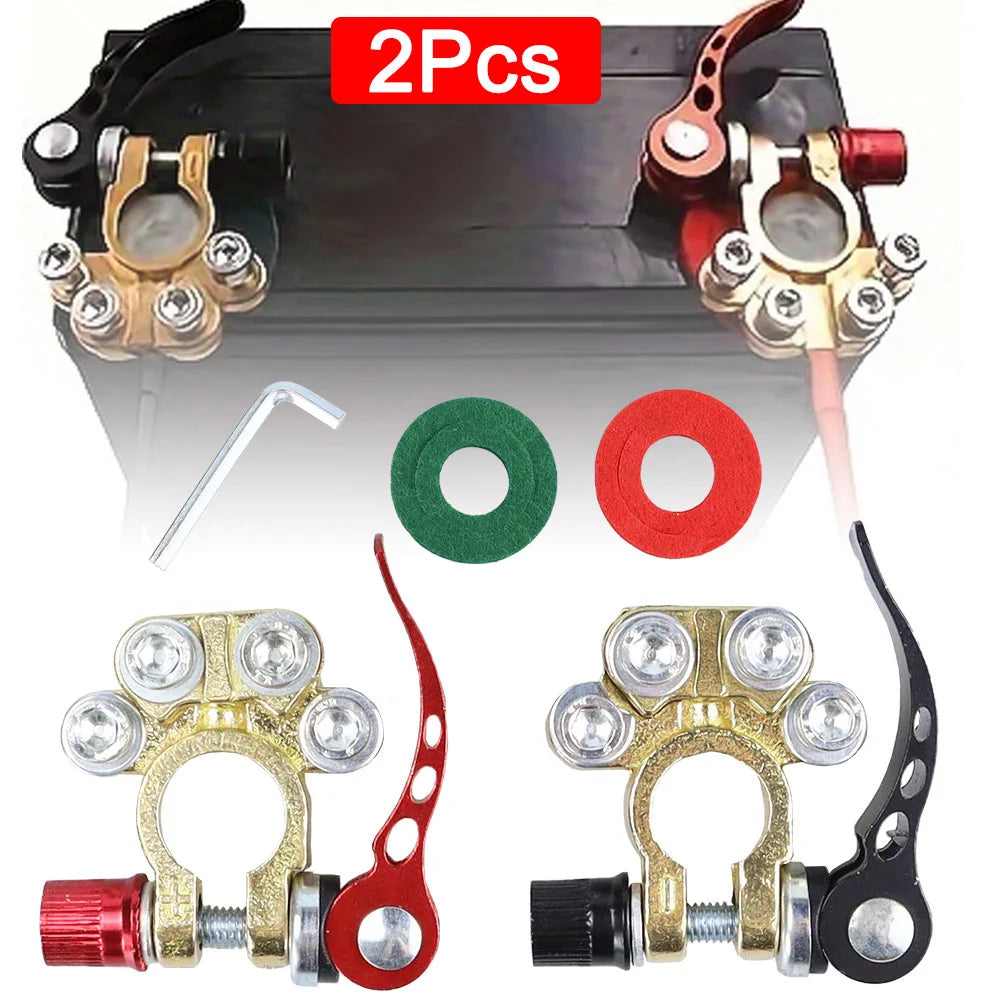 2Pcs Car Battery Terminal Connectors - Quick Release 12V 24V Positive & Negative Cable Ends for SAE/JIS Batteries