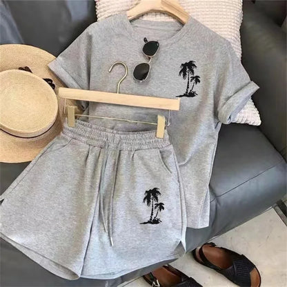 Women’s Two-Piece Sports Tracksuit – C Letter Print Short Sleeve T-Shirt with Drawstring Shorts, Exercise & Casual Wear