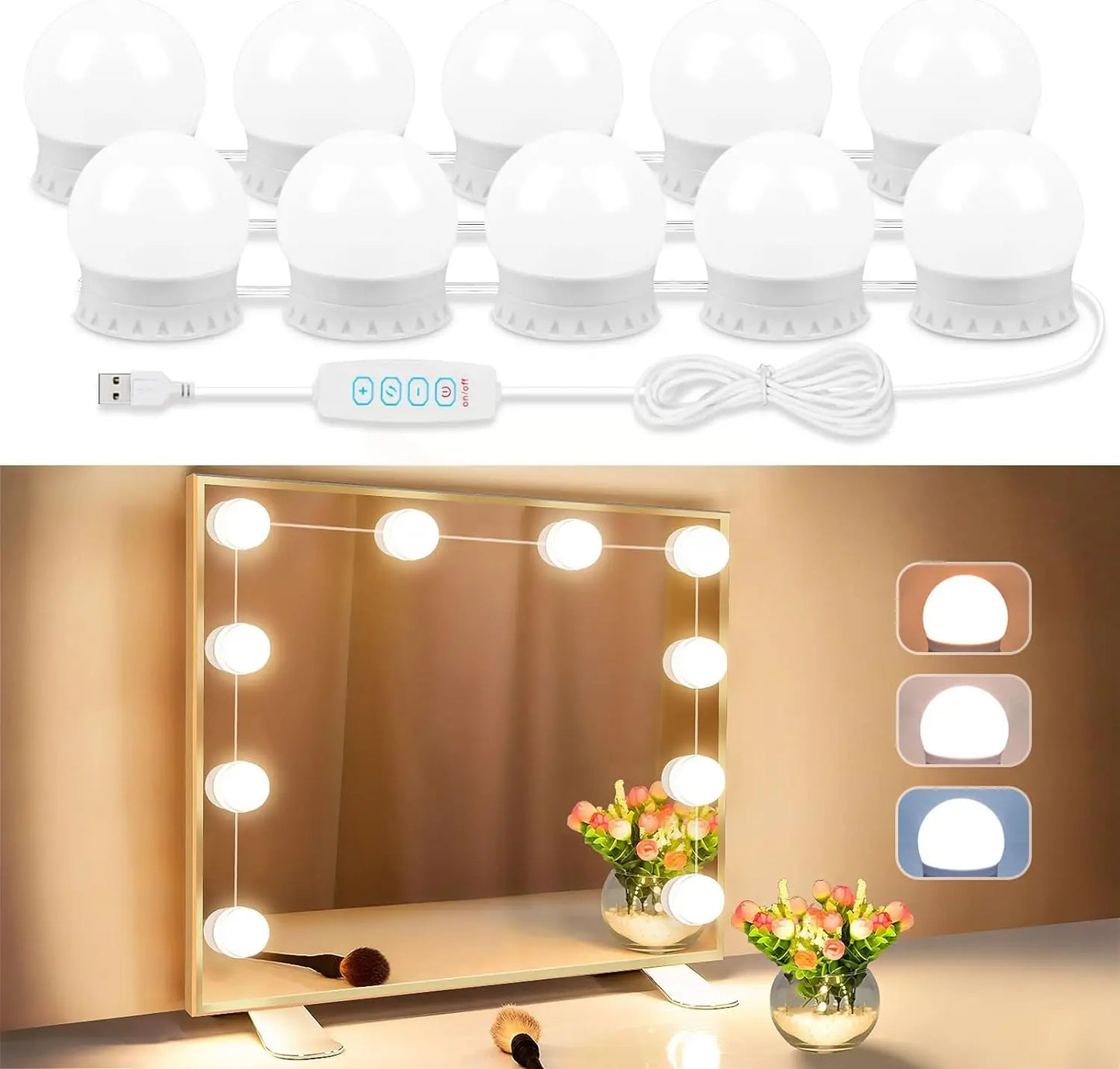 LED Vanity USB Mirror Light — 10 Dimmable Bulbs, 3000/4000/6500K with 10-Level Brightness for Makeup & Dressing Room