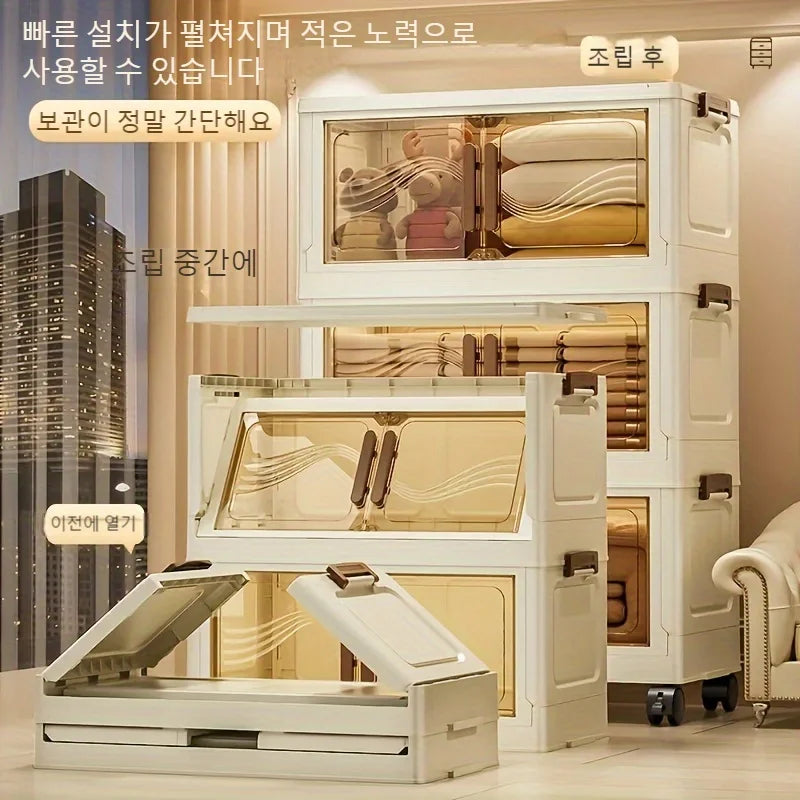 Foldable Multi-Layer Storage Box with Wheels — Plastic Cabinet for Clothes, Books & Kitchen Organization