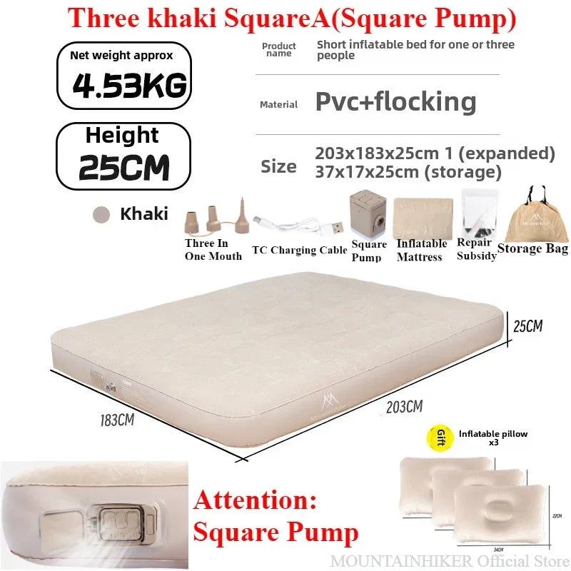 MOUNTAINHIKER 2025 Inflatable Air Mattress – PVC Glamping Sleeping Mat with Built-in Pump for 1-3 Persons
