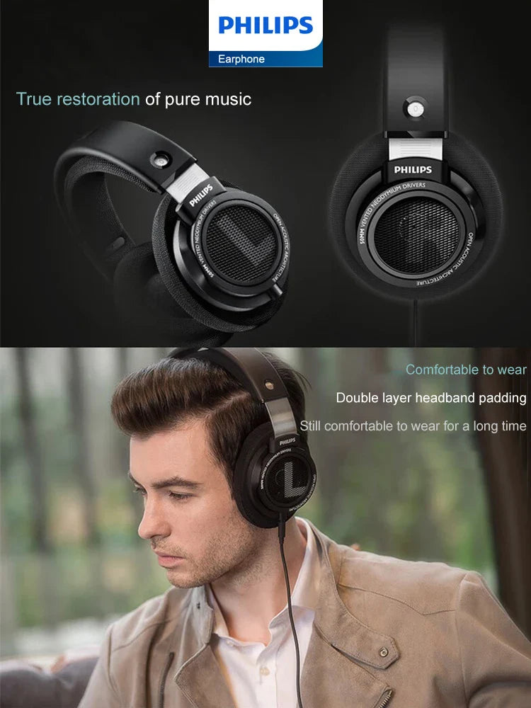 Philips SHP9500 HiFi Stereo Headphones - Wired Earphones for Computer, Online Learning, Esports, 3.5mm/6.3mm Universal Headset