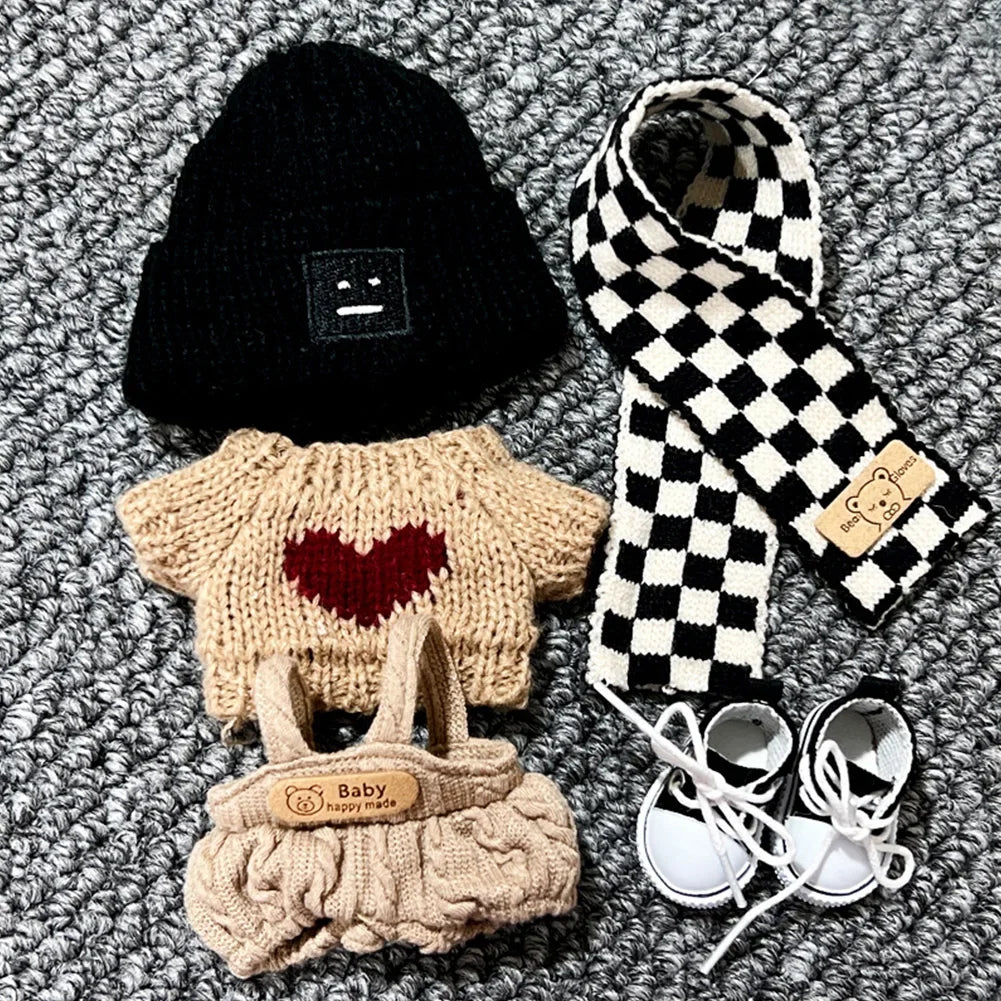 17cm Labubu V1/V2 Doll Outfit – Color Match Hoodie & Plaid Overalls Set | Fashion Doll Clothes & Accessories