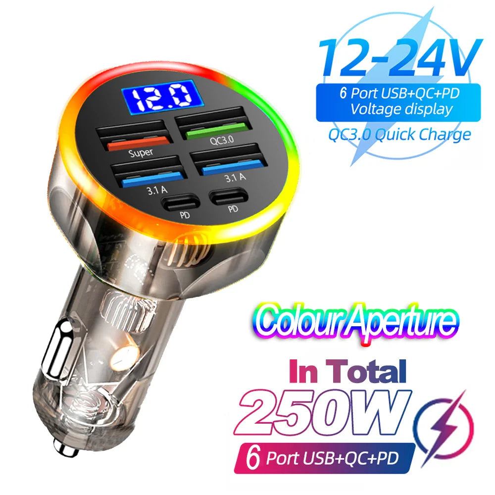 66-250W PD Car Charger – QC3.0 Fast Charge, 1-to-6 Cigarette Lighter Plug with Digital Display