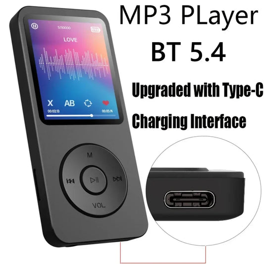 1.8-Inch MP3 Player with Bluetooth 5.4 – Portable Type-C Music Player, FM Radio & E-Book Recorder