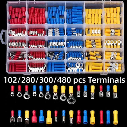 102/280/300/480PCS Assorted Wire Connector Kit – Insulated Male & Female Spade Crimp Terminals for Electrical Wiring Repairs