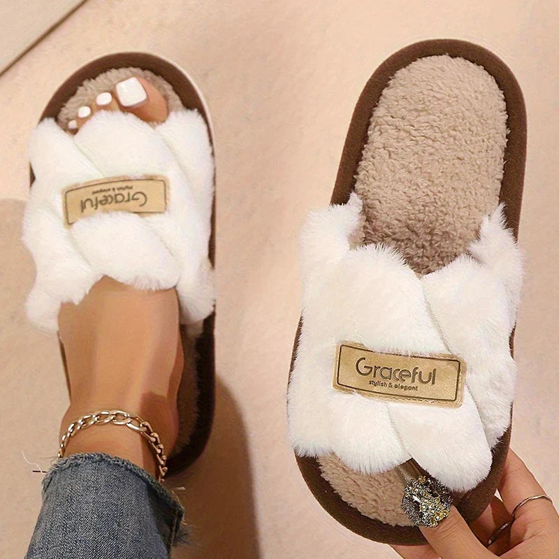 Women’s Plush Fuzzy Slippers - Warm Open-Toe Indoor EVA Home Slides
