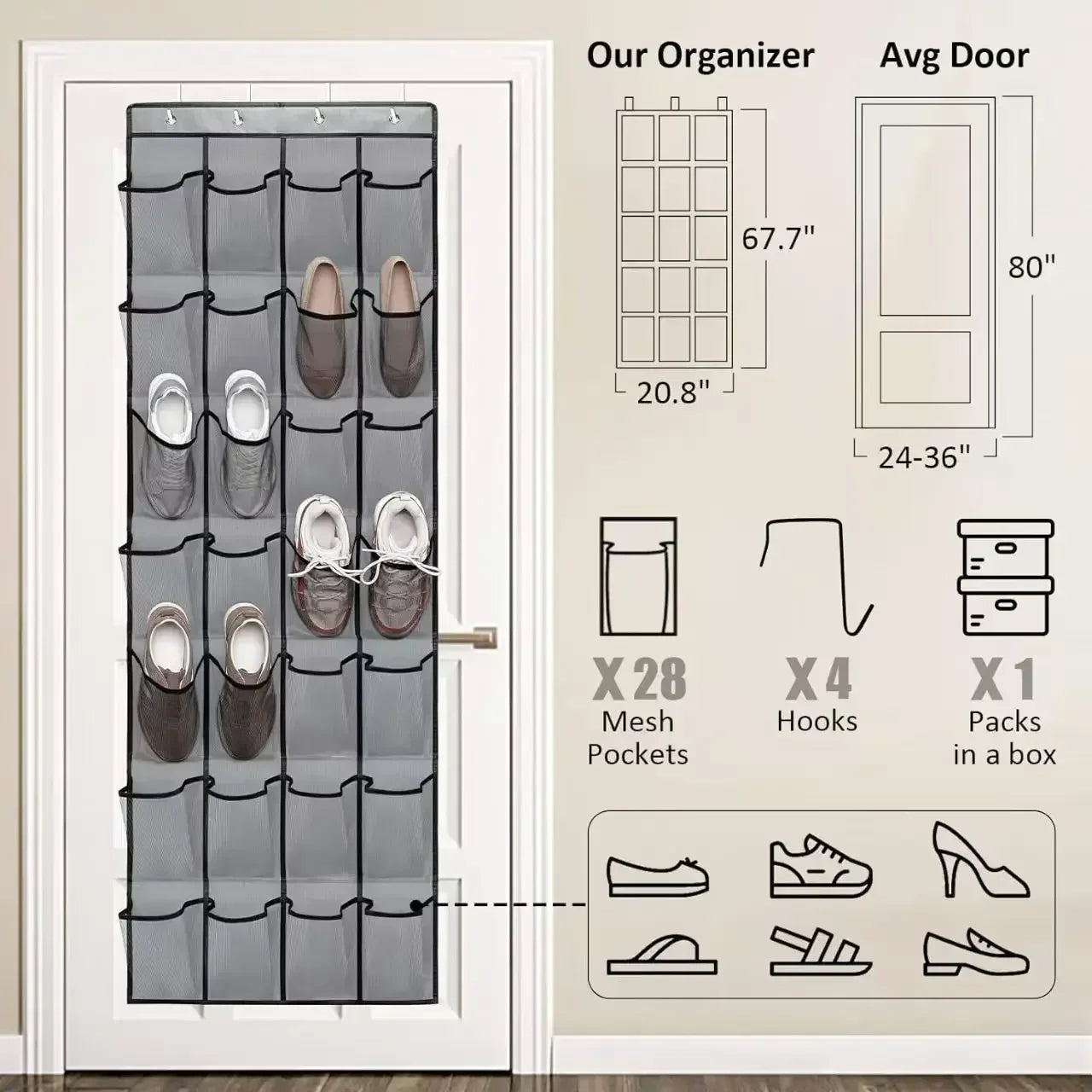 Over The Door Shoe Organizer - 14/24/40 Grid Mesh Pocket Hanging Rack for Closet Shoe Storage & Organization