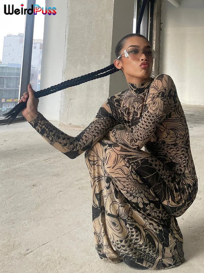 Mesh Print Women's Maxi Dress: Weird Puss Pattern, Turtleneck, Full Sleeve - Autumn Trendy Hipsters High Street Party Y2K Attirewear
