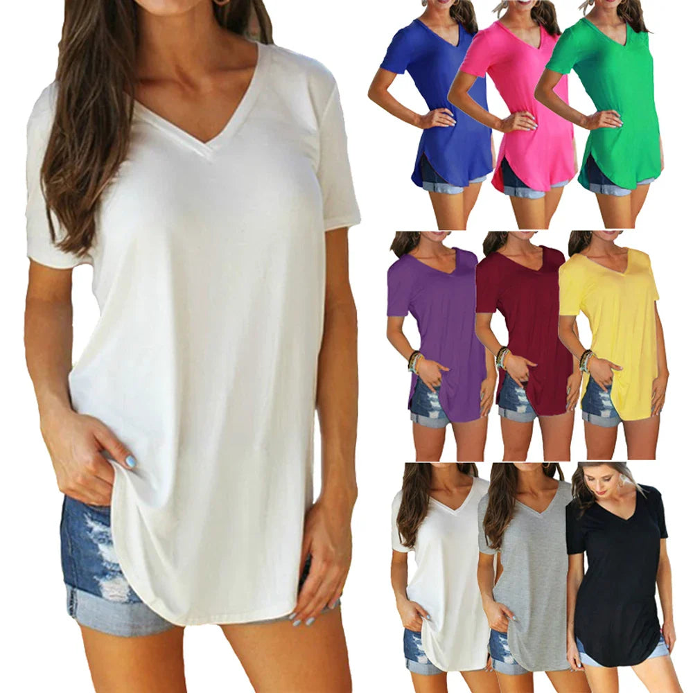 Women’s Summer V-Neck Blouse – Short Sleeve Loose Solid Color T-Shirt with Curved Hem