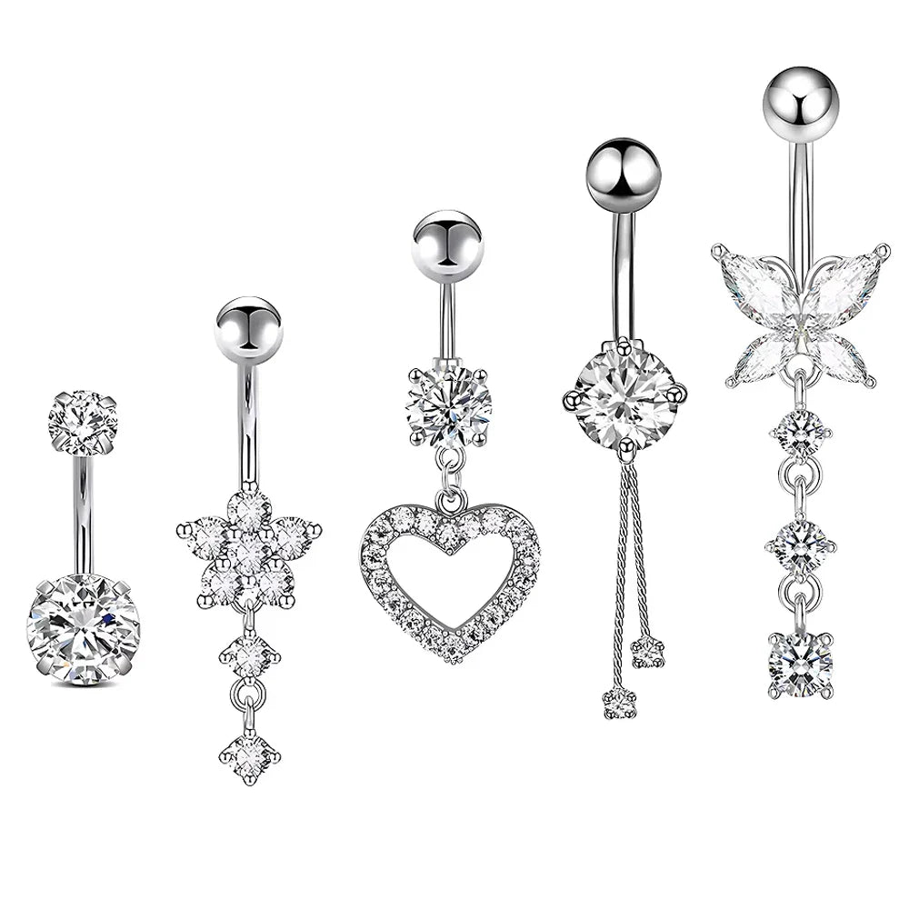5PCS Belly Button Ring Set – 14G Curved Navel Piercing with Butterfly & Heart Charms, Body Jewelry for Women & Girls