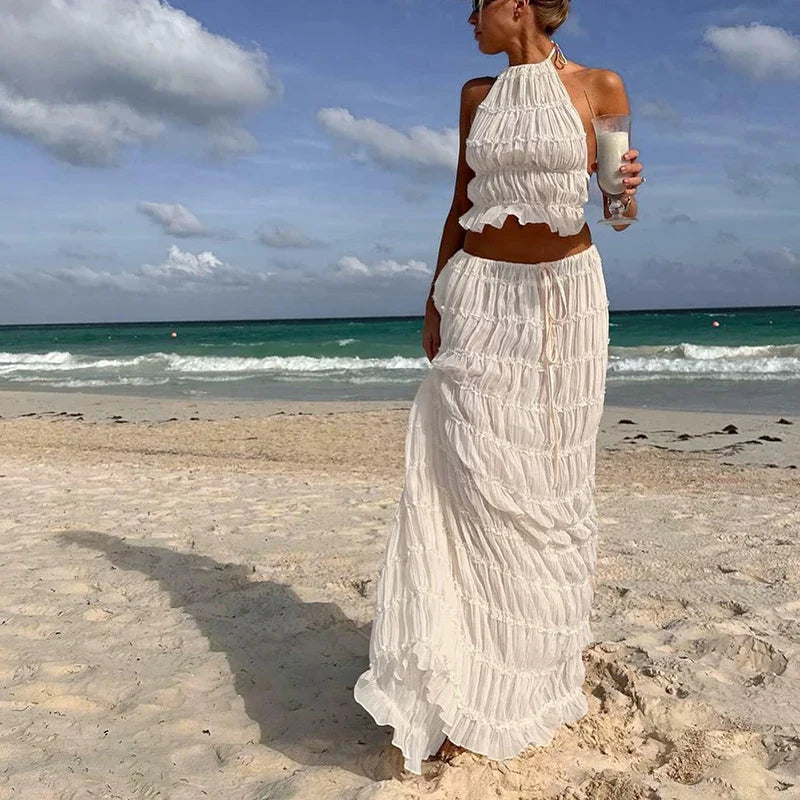 Women’s Boho Sexy Backless 2-Piece Set – Vintage Ruched Halter Cami Top & Maxi Skirt Beach Holiday Party Outfit