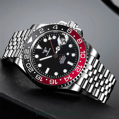 Tandorio 40mm Men’s Automatic Watch – NH34A Movement, GMT Function, Luminous Black Dial, Sapphire Crystal, Auto Date & Rotating Bezel