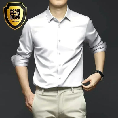 Men’s Luxury White Dress Shirt - Wrinkle-Resistant Ice Silk Glossy Long Sleeve Business Casual Shirt S-6XL