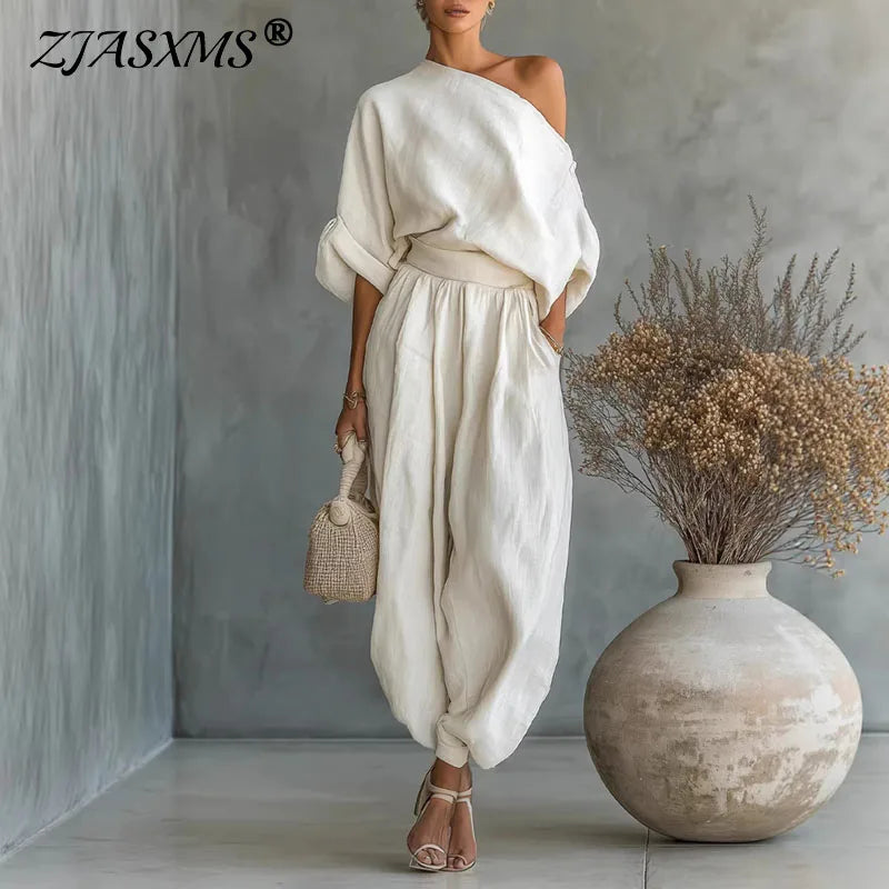 Women’s Elegant 2-Piece Set – Skew Collar Long Sleeve Top & Casual Pants, Sexy Hollow-Out Solid Outfit for Spring & Fall