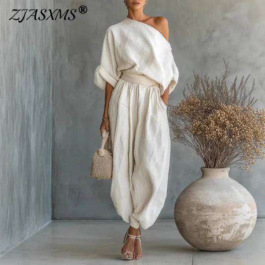 Women’s Elegant 2-Piece Set – Skew Collar Long Sleeve Top & Casual Pants, Sexy Hollow-Out Solid Outfit for Spring & Fall