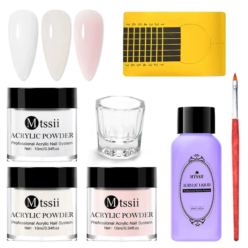 Nail Crystal Powder Kit – Acrylic Liquid Set with Pink & White Powder, Nail Brush for Extension & Carving, Beginner Set